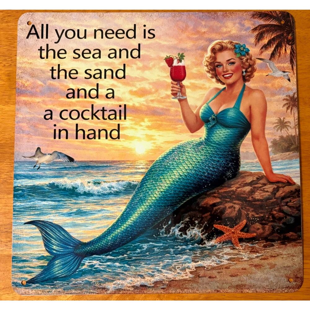 Retro Pin Up Girl Mermaid Sign Tiki Beach Bar Decor Daiquiri Tropical Drink New